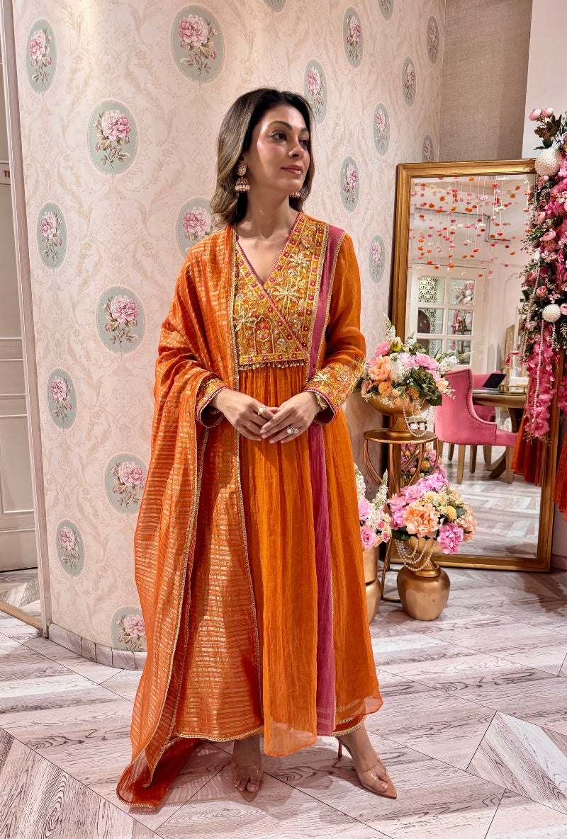 Meghna Nayyar in Rust Embroidered Overlap Yoke Anarakali Set