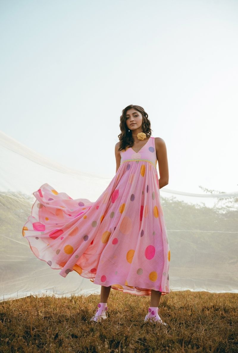 Pink Polka Sleeves Flared Barfi Dress