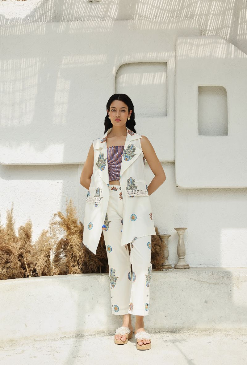 Ivory Hamza Print Gaze Jacket Set