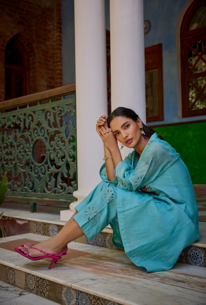 Turquoise A Line Hand Embroidered Anaardana Kurta Set