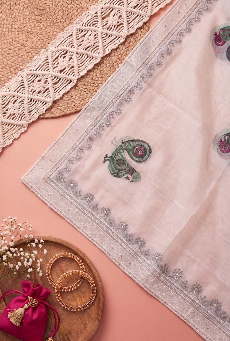 All Over Block Print Lucknowi Embroidery Unstitched Suit Set