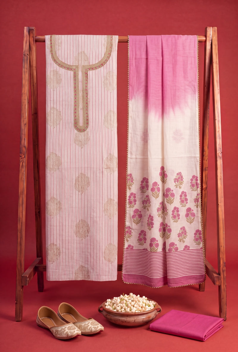 Banarsi Weaving Stripes Block Print Unsitched Suit Set
