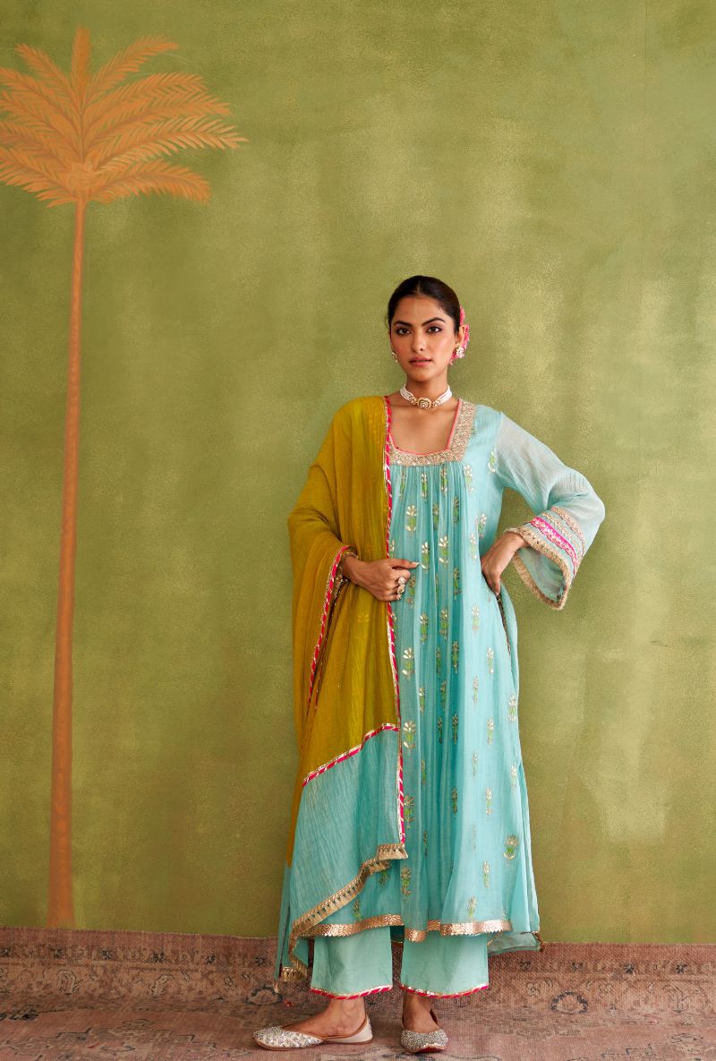 Aqua Embroidered Square Neck Morbagh Kurta Set