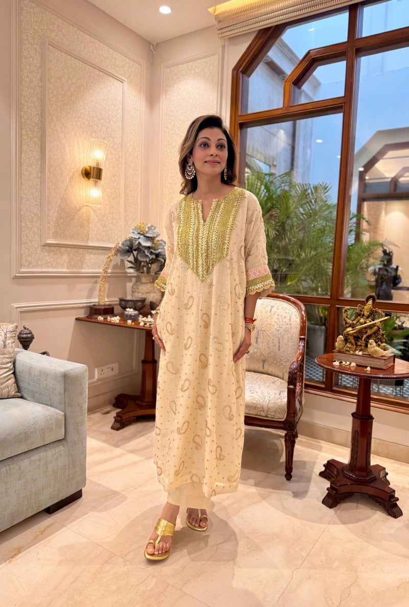 Meghna Nayyar in Ivory Mukaish Kimono Kurta  Set