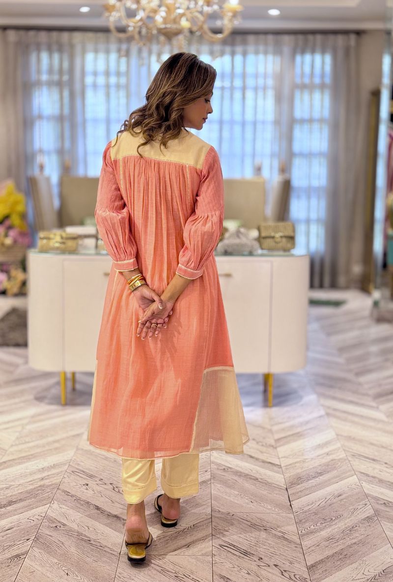 Meghna Nayyar in Peach Embroidered Yoke Jasmine Maple Dress Set