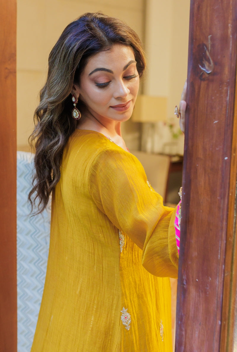Meghna Nayyar in Mustard Embroidered Neck Front Gather Kurta Set