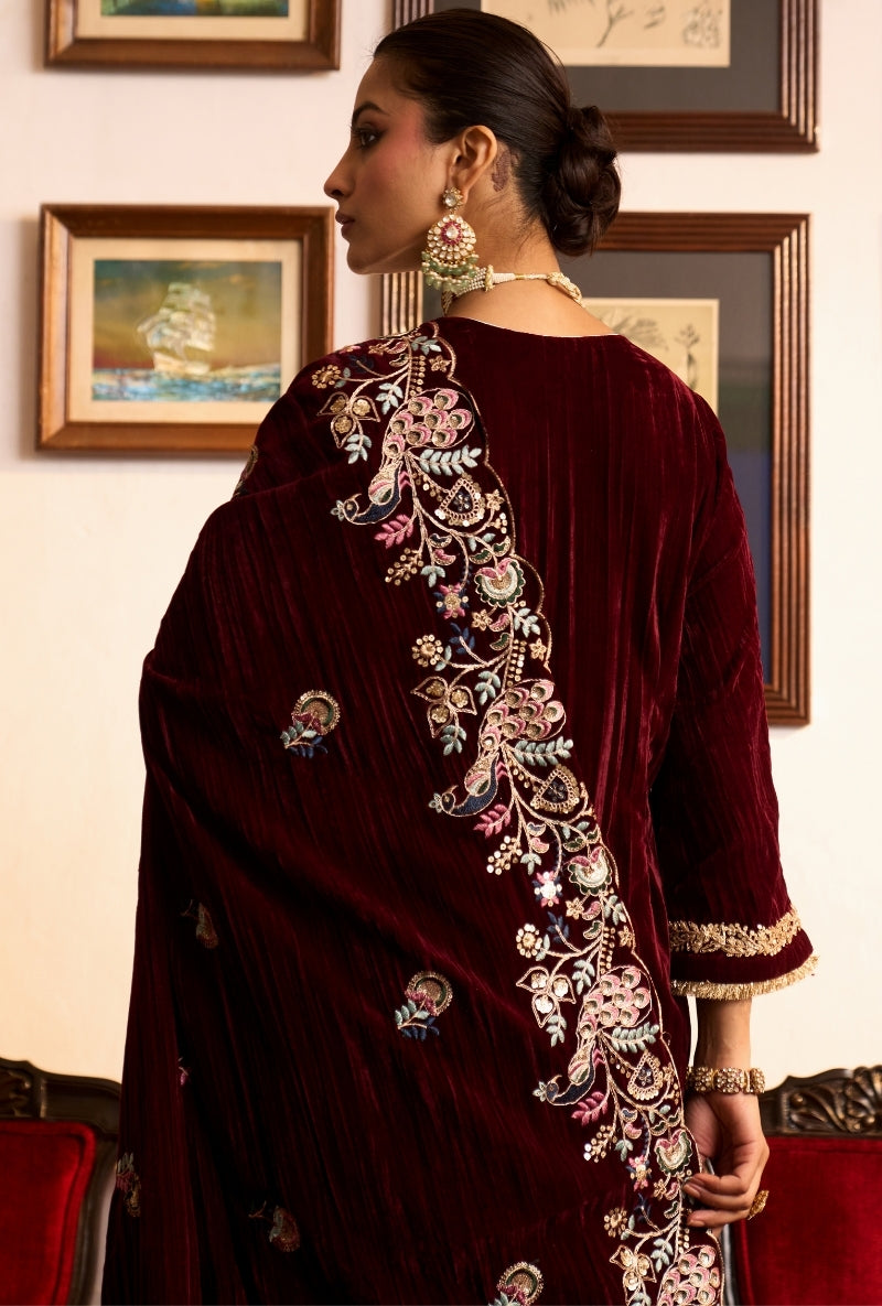 Wine Crushed Velvet Dilbar Kurta Set