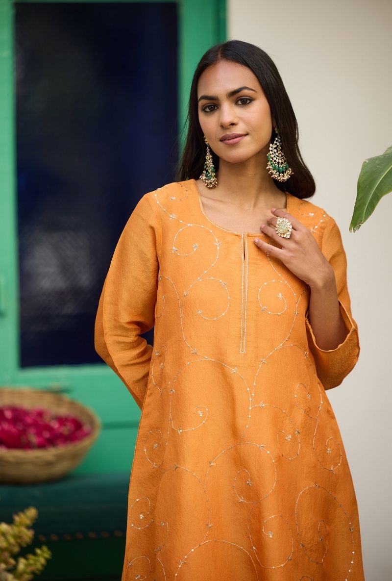 Orange All Over Zari &amp; Dabka Work Urvi Kurta Set
