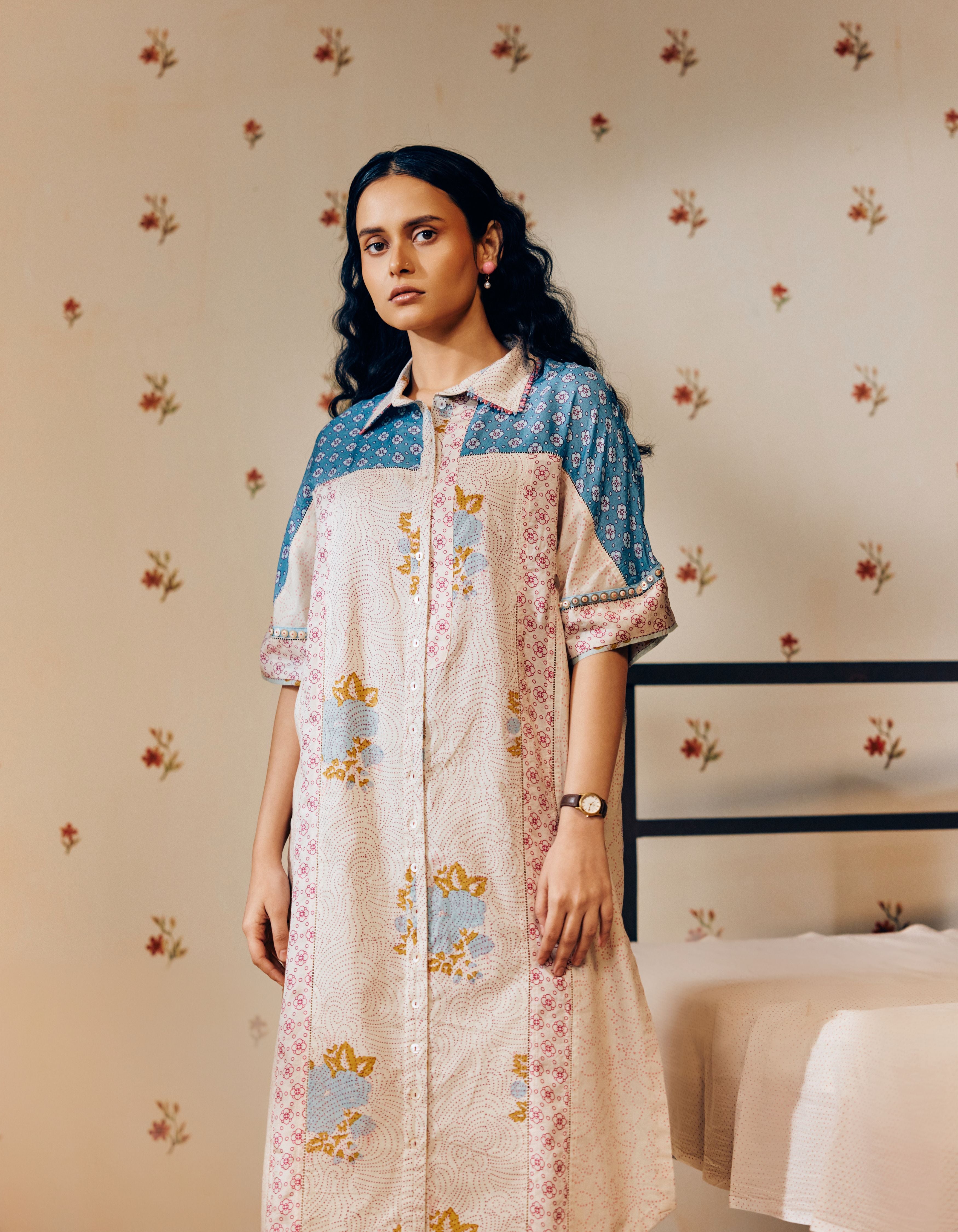 Off-White Long Shirt Hand Block Printed Mia Kurta Set