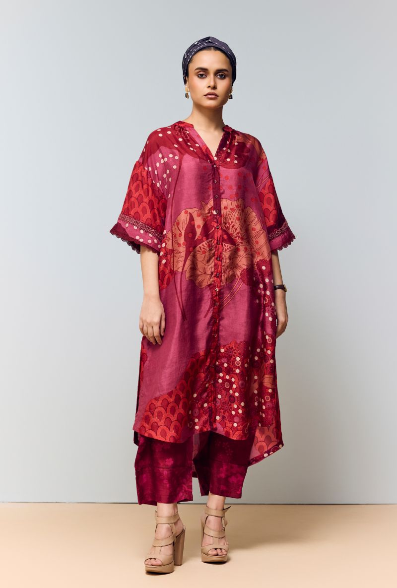 Deep Red Hand Printed Mandarin Collar Eden Co-Ord Set