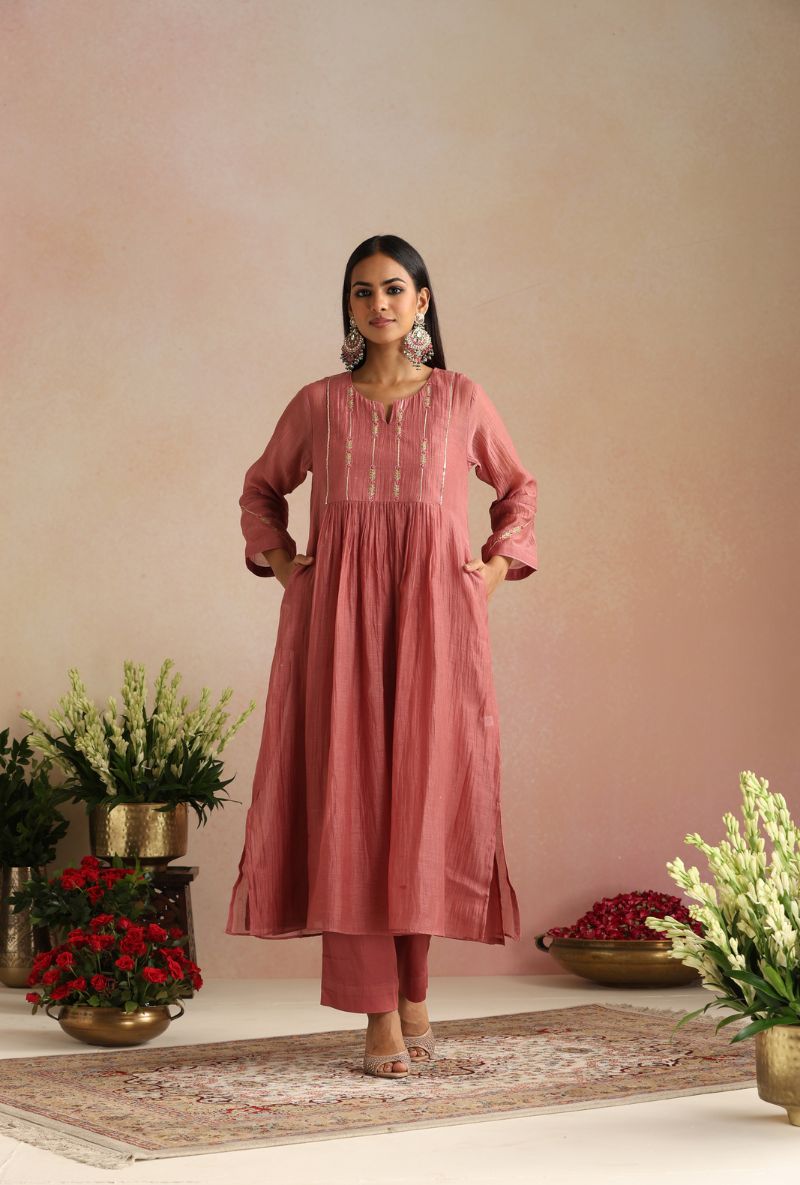 Coral Rose Hand Embroidered Yoke Itrh Kurta Set