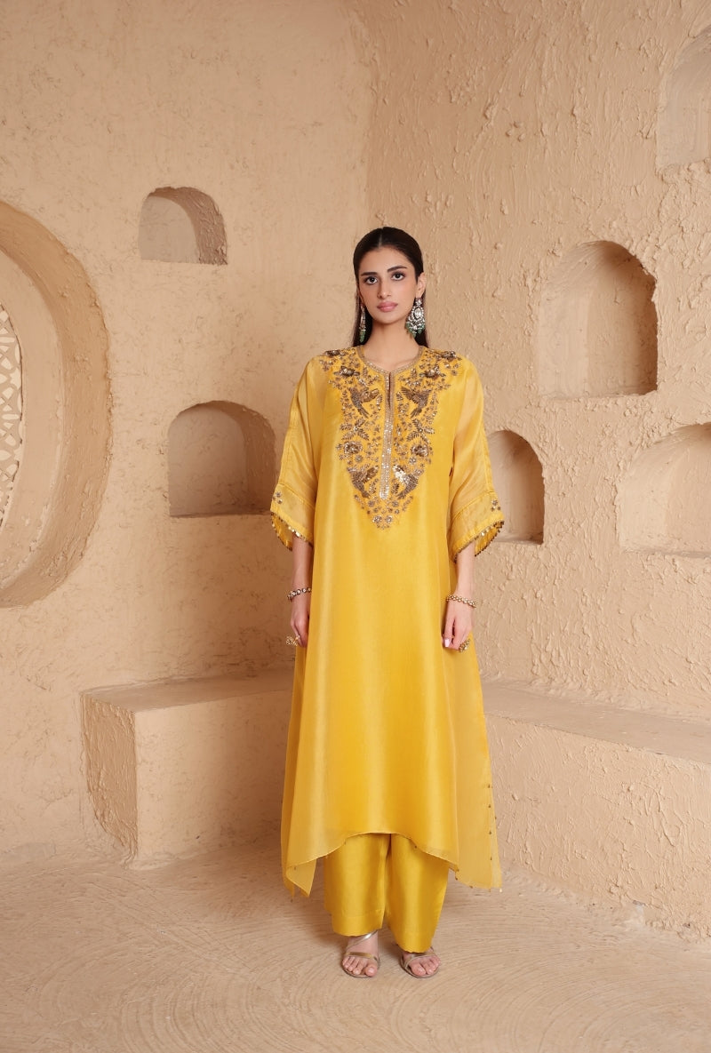 Yellow Heavy Yoke Kaftan Nihira Kurta Set