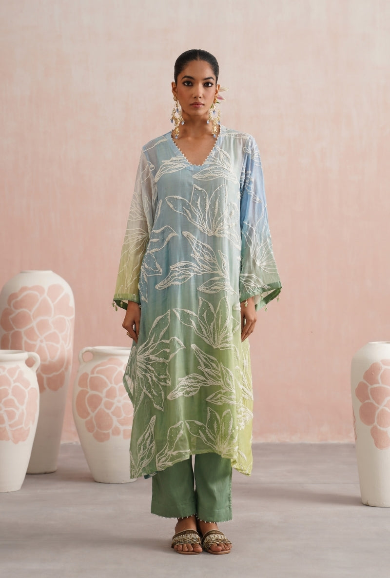 Teal Green Ombre Pearl Embroidered Prisha Kurta Set