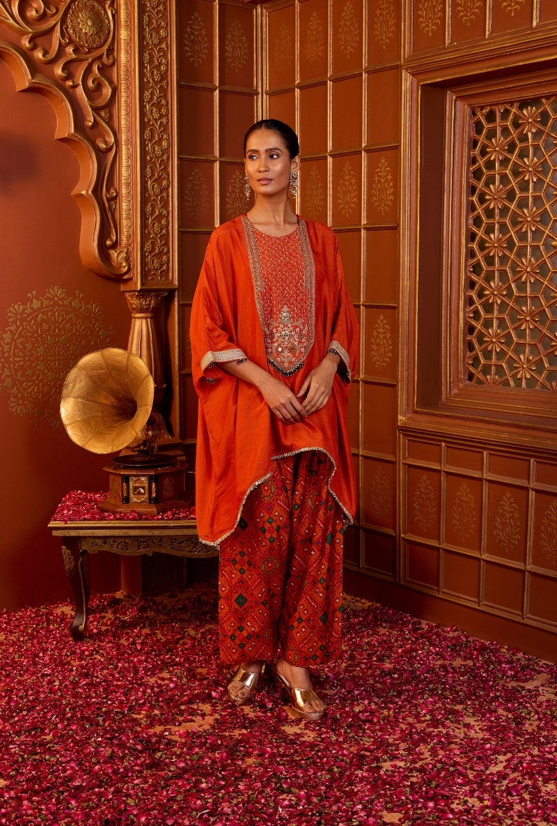 Orange Embroidered Yoke Asymmetric Oorja Kurta Set