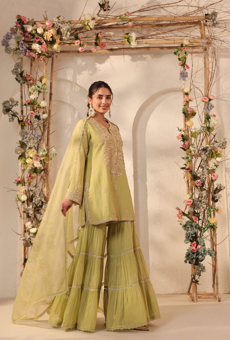 Green Havey Applique Yoke Saaz Sharara Set