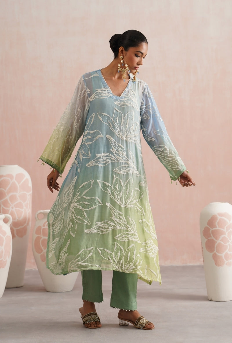 Teal Green Ombre Pearl Embroidered Prisha Kurta Set