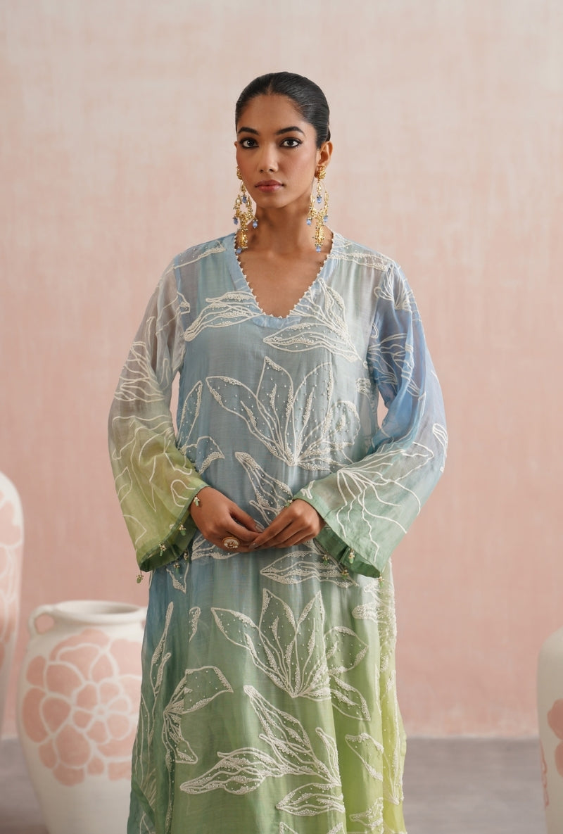 Teal Green Ombre Pearl Embroidered Prisha Kurta Set