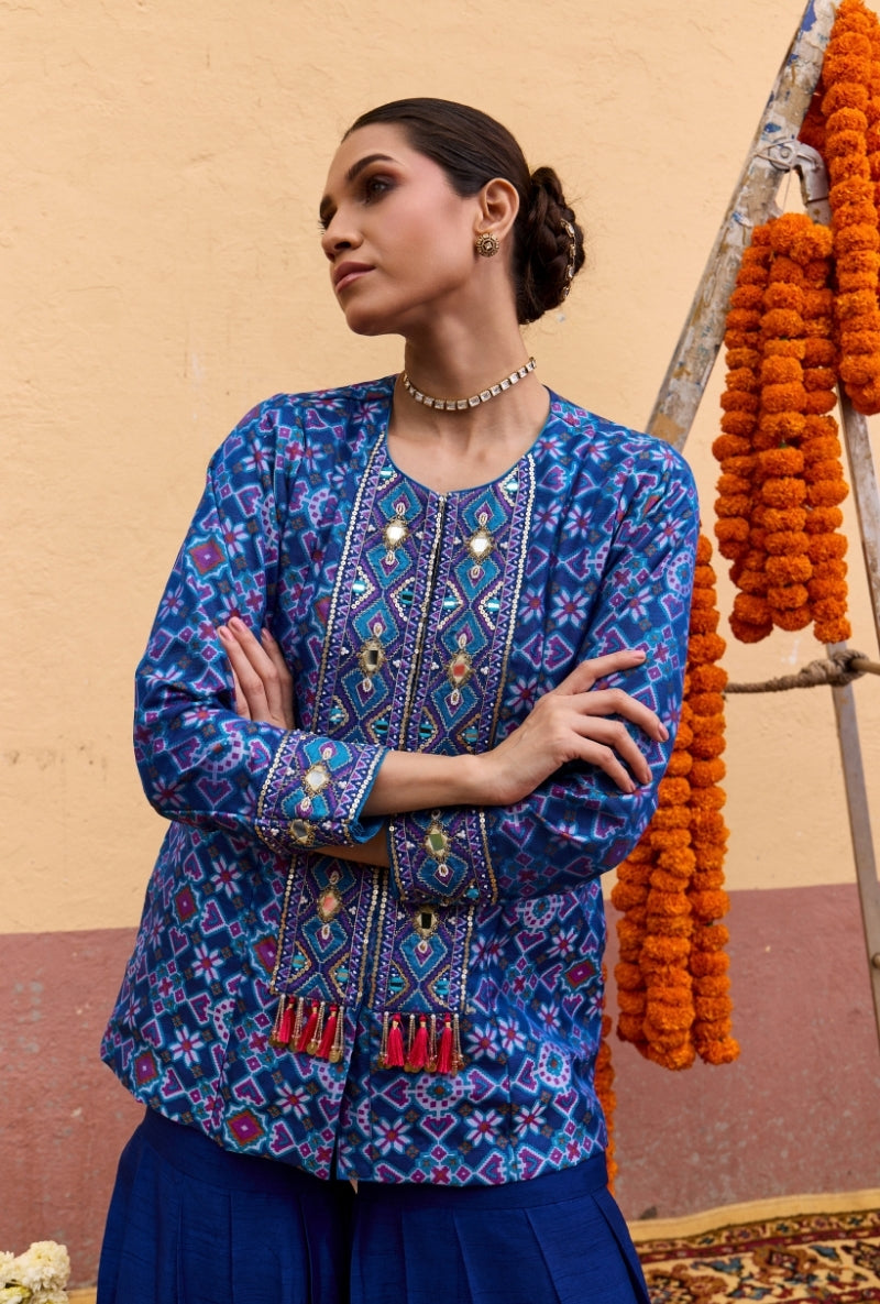 Blue Patola Embroidered Mirror And Zari  Work Oorja Jacket Set