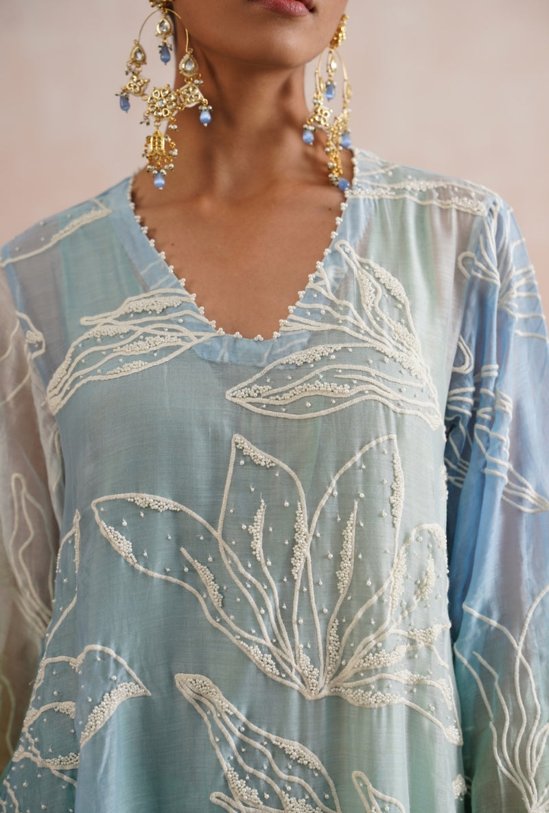Teal Green Ombre Pearl Embroidered Prisha Kurta Set