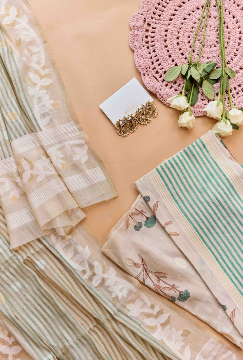 Stripes Block Print Yoke Unstiched Suit Set