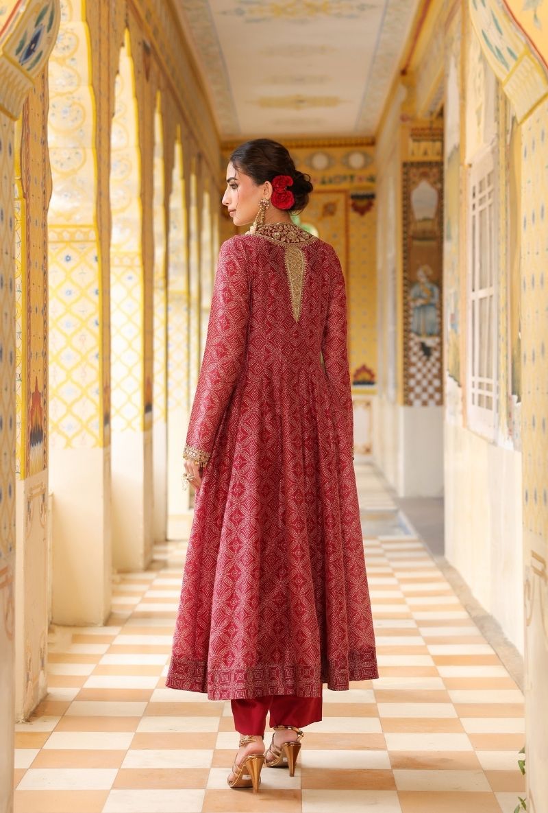 Maroon Printed Mehfil Anarkali Set