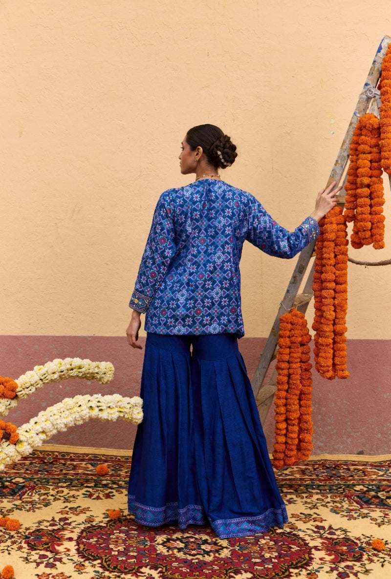 Blue Patola Embroidered Mirror And Zari  Work Oorja Jacket Set