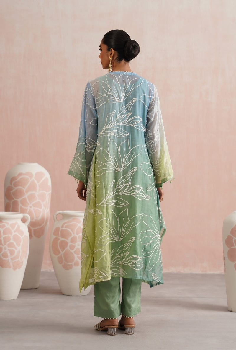 Teal Green Ombre Pearl Embroidered Prisha Kurta Set