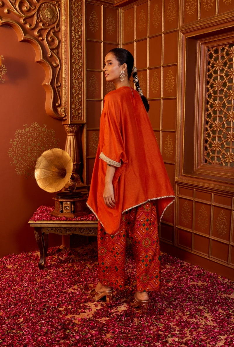 Orange Embroidered Yoke Asymmetric Oorja Kurta Set