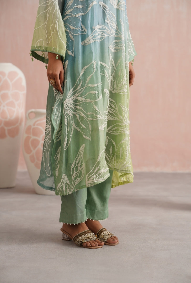 Teal Green Ombre Pearl Embroidered Prisha Kurta Set