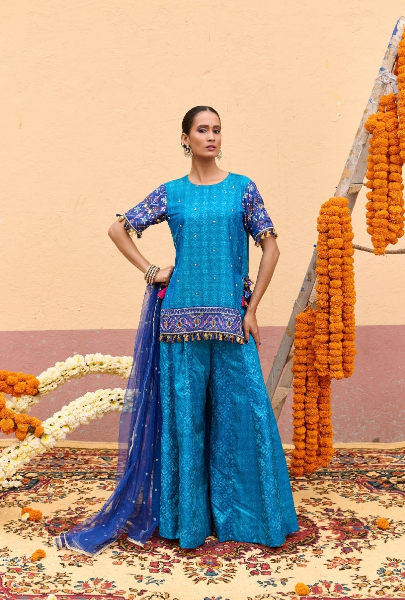 Blue Mirror Work Oorja Sharara Set