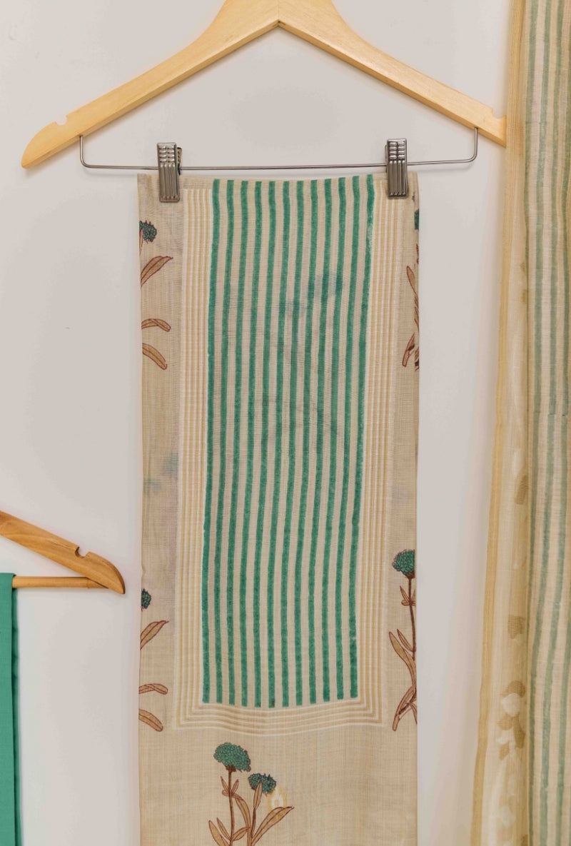 Stripes Block Print Yoke Unstiched Suit Set