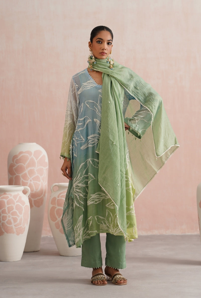 Teal Green Ombre Pearl Embroidered Prisha Kurta Set