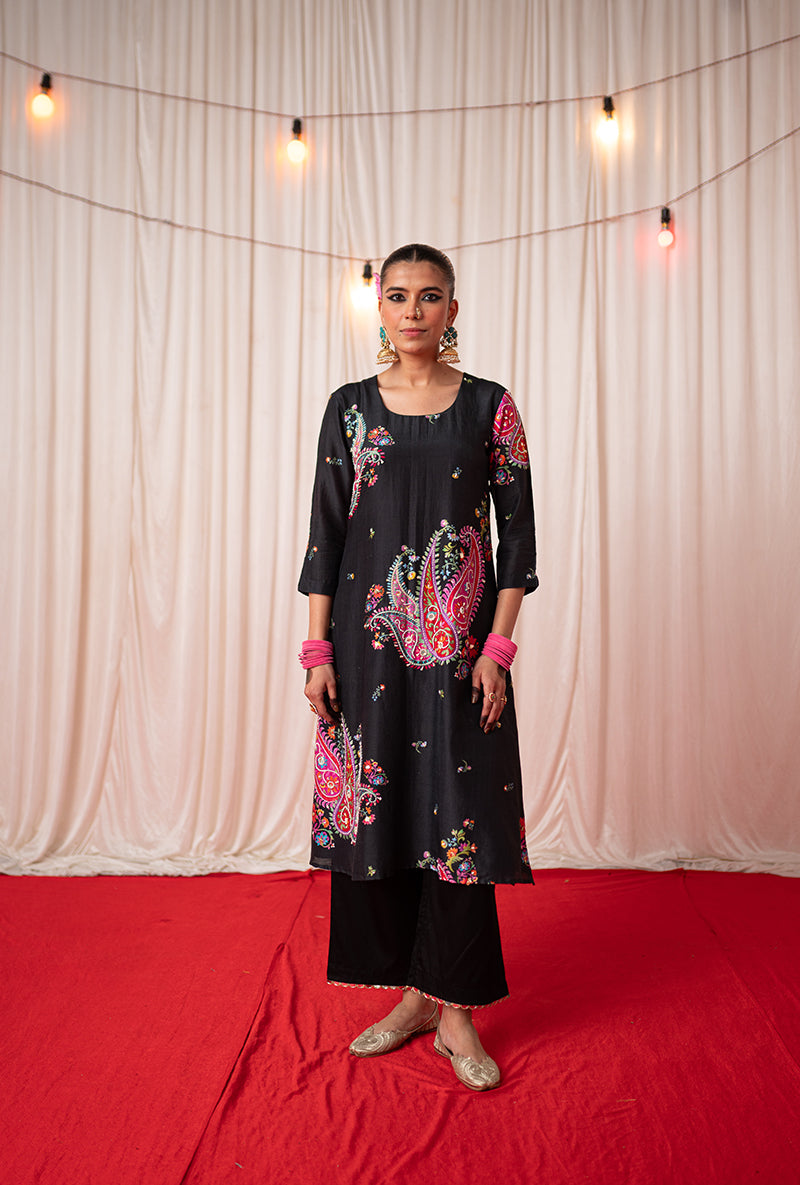 Black Embroidered Placement Print Kikli Kurta Set