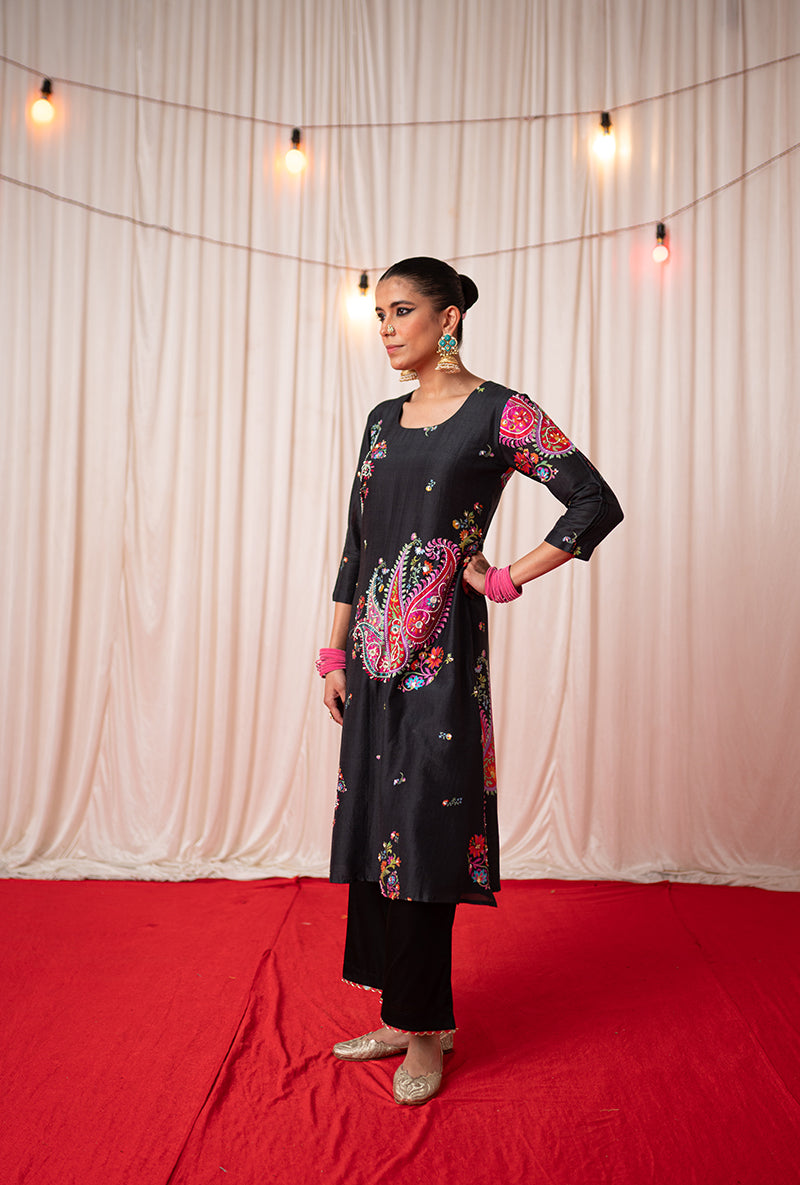 Black Embroidered Placement Print Kikli Kurta Set