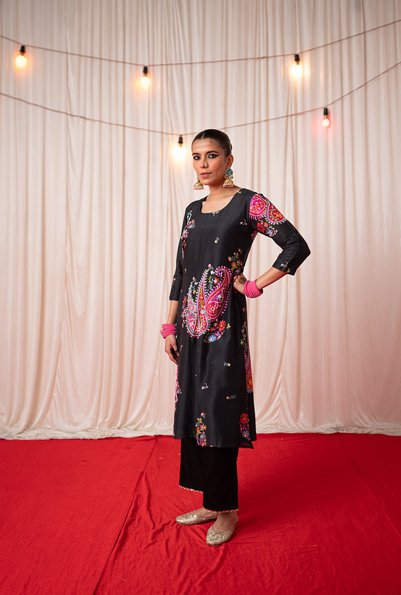 Black Embroidered Placement Print Kikli Kurta Set