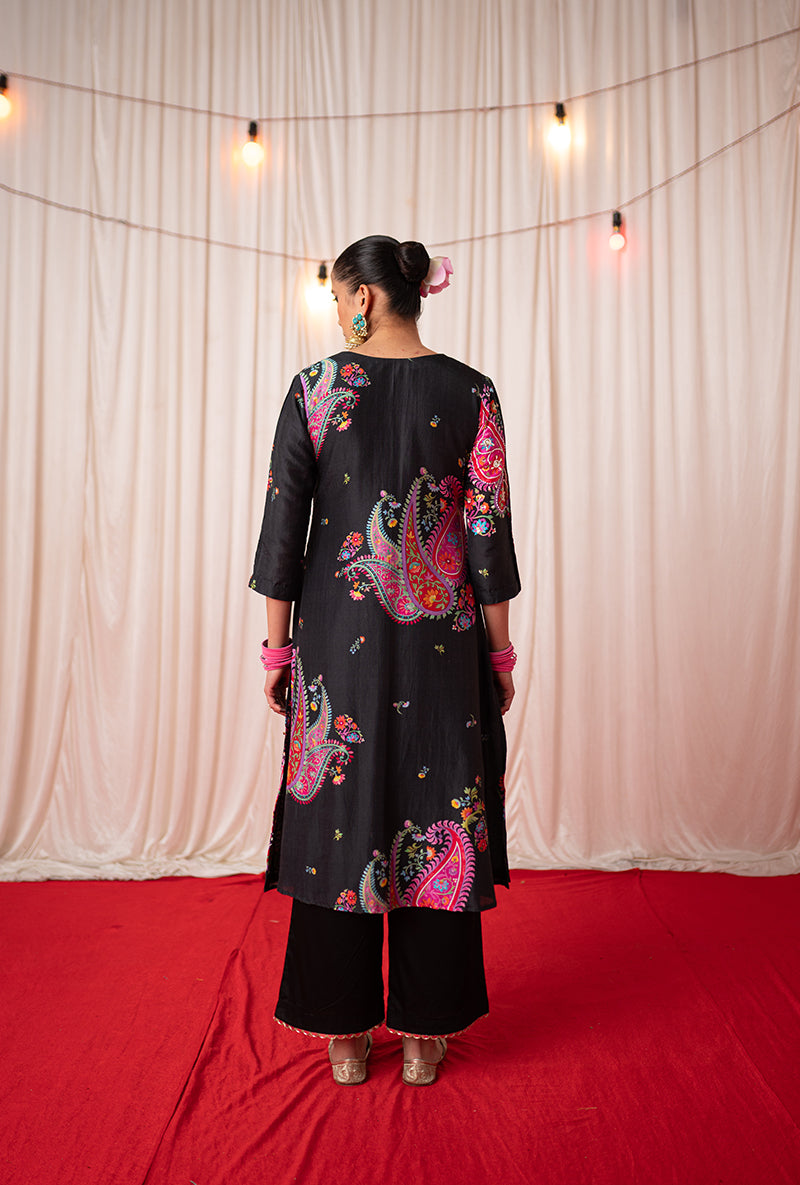 Black Embroidered Placement Print Kikli Kurta Set