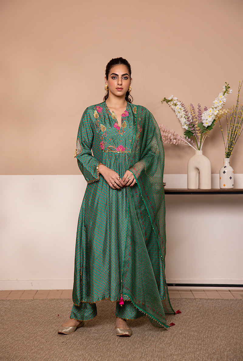 Green Cheent Print Shaheen Front Pleat Kurta Set