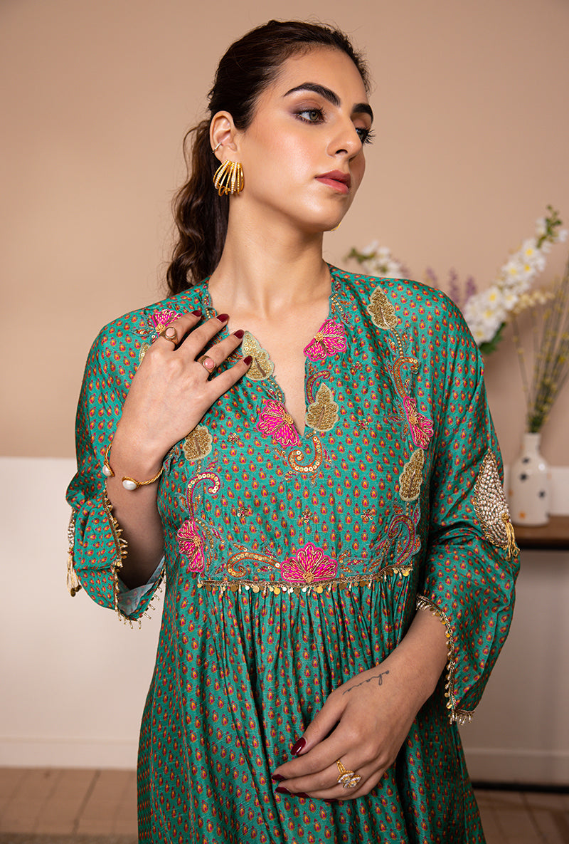 Green Cheent Print Shaheen Front Pleat Kurta Set