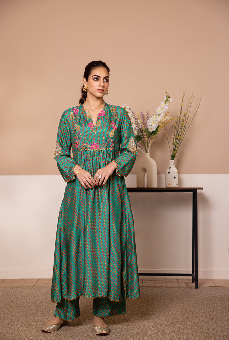 Green Cheent Print Shaheen Front Pleat Kurta Set