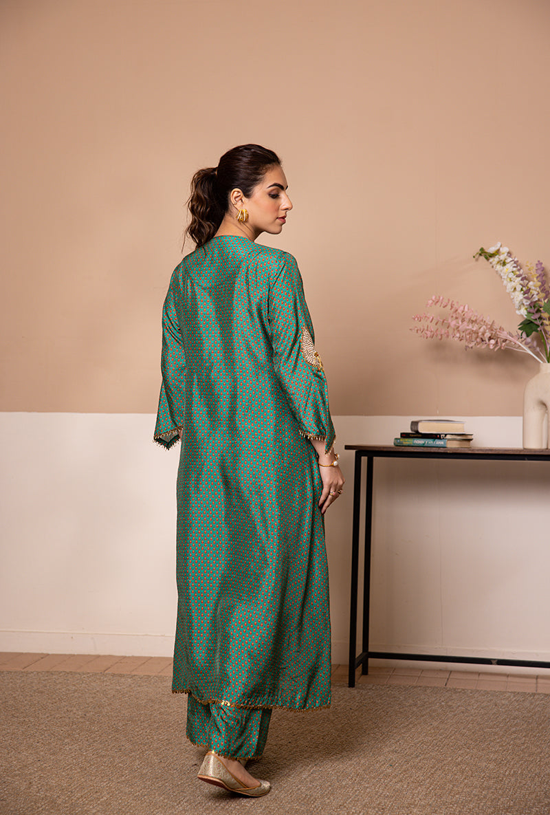 Green Cheent Print Shaheen Front Pleat Kurta Set