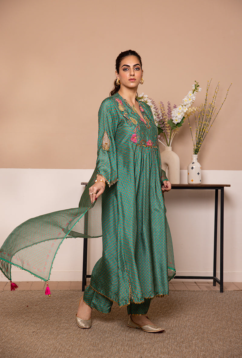 Green Cheent Print Shaheen Front Pleat Kurta Set