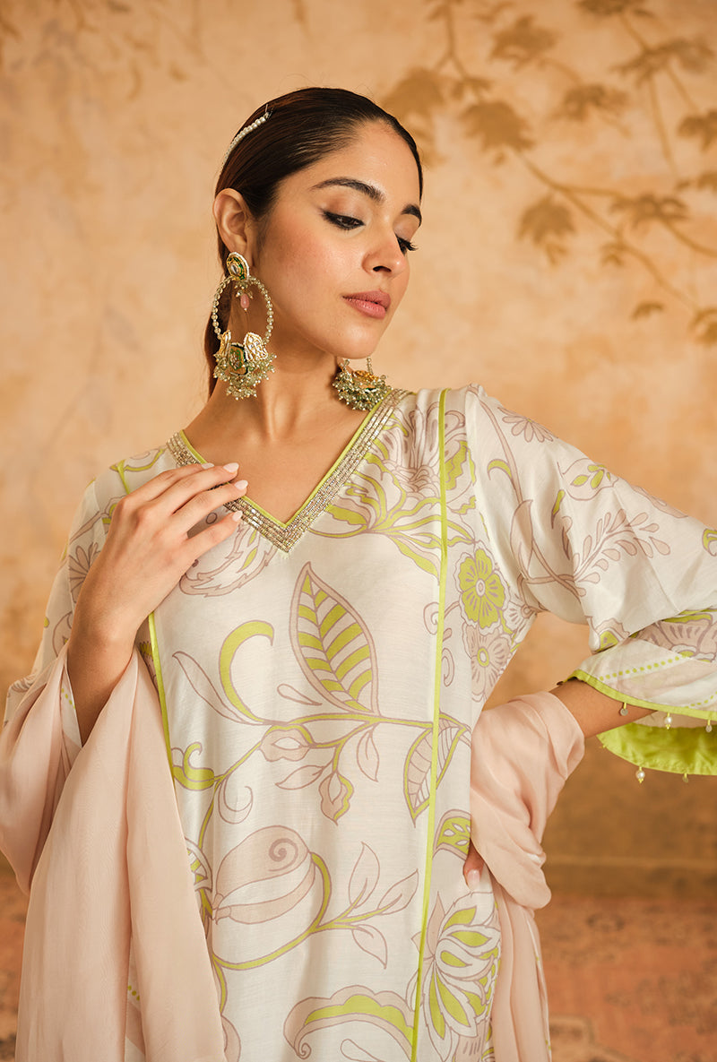 Ivory Floral Digital Printed Goonj Kurta Set