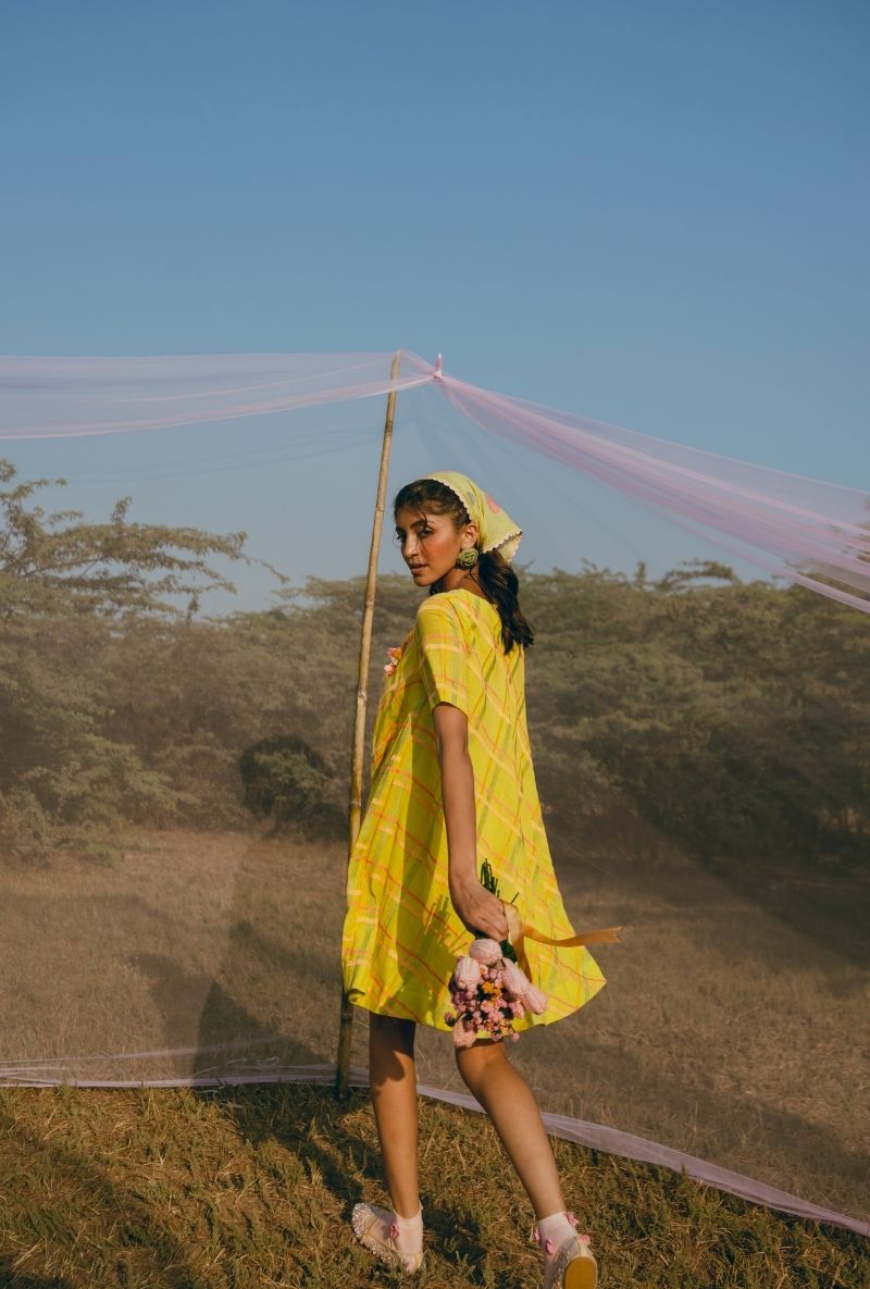 Yellow Colourful Checkered Short Barfi Dress