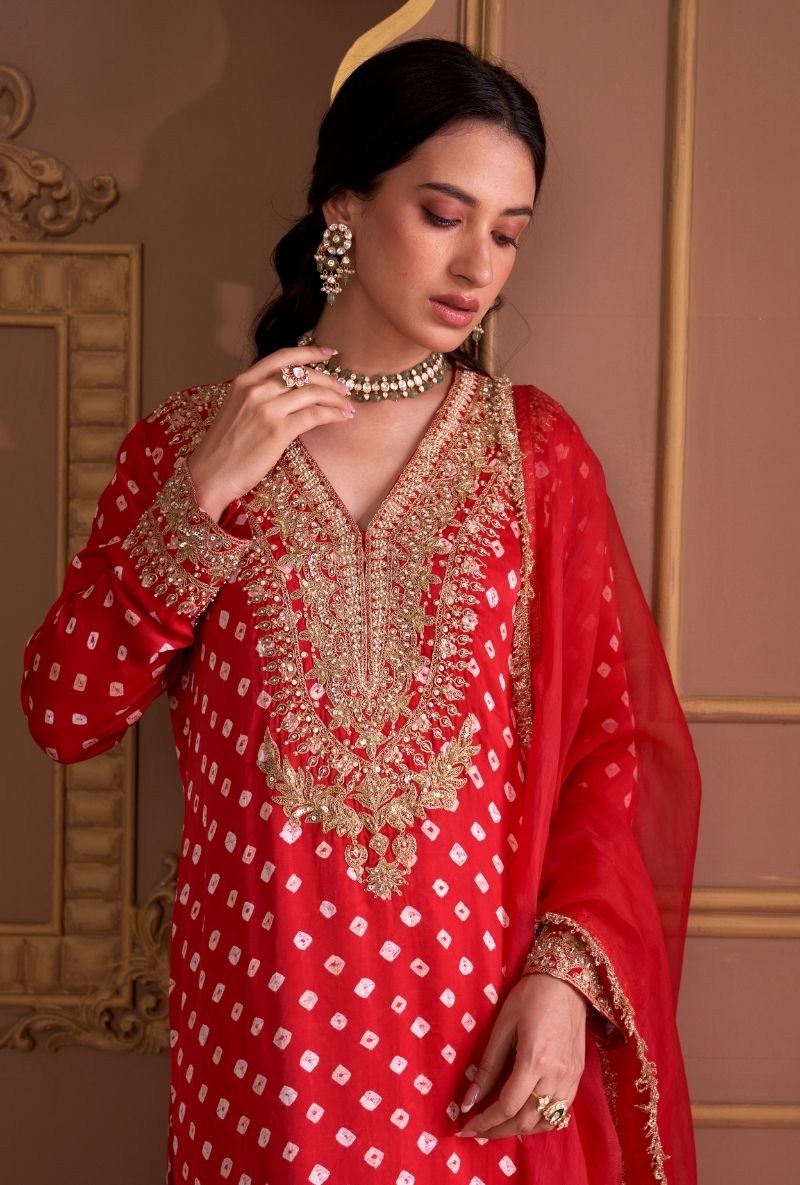 Red Bandhej Rasia Kurta Set
