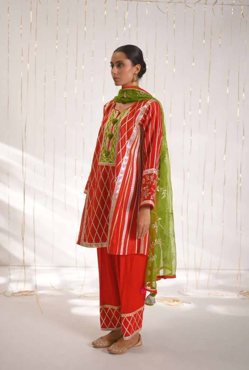 Tomato Red Gota Lace Patti Short Mehreen Kurta Set