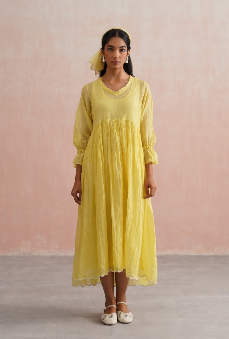 Lemon Yellow Pearl Embroidered Waistcoat Prisha Dress