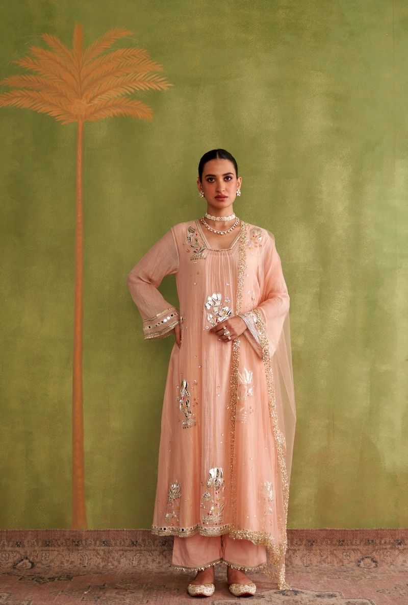 Baby Pink Silver Patchwork Morbagh Kurta Set