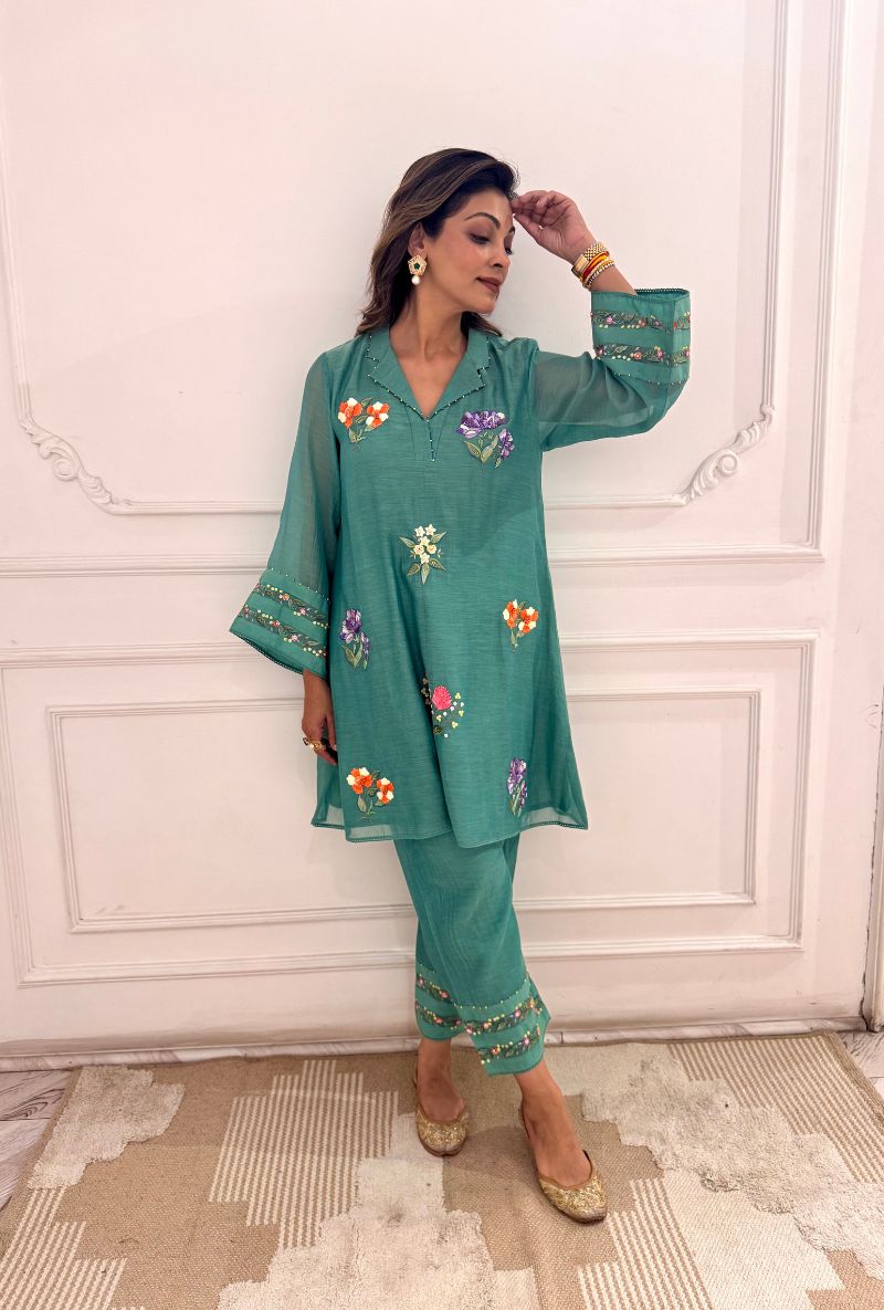 Meghna Nayyar in Matcha Green Collar  Embroidered Zia Co-ord Set