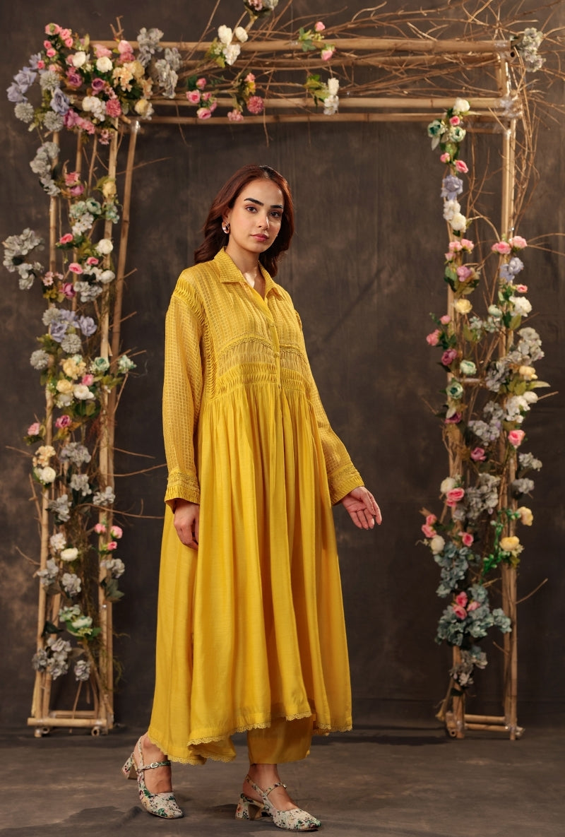 Yellow Pintuck Collar Saaz Kurta Set