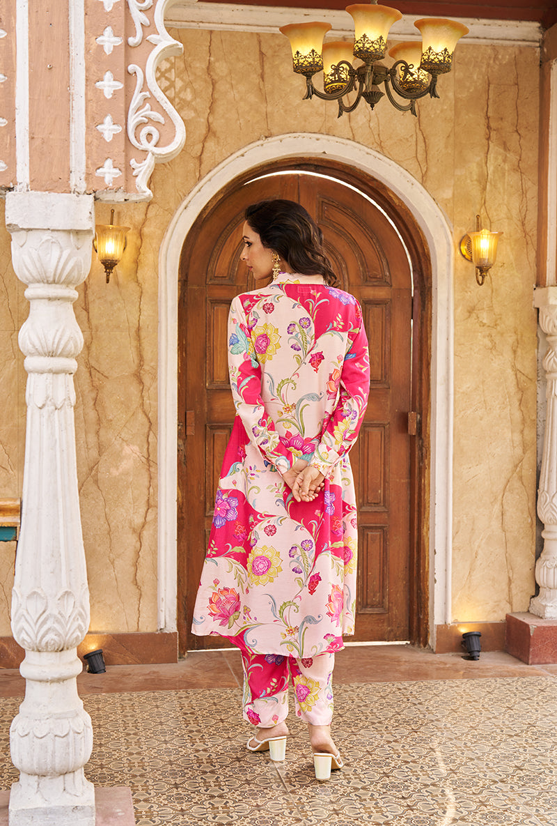 Pink All Over Print Collar Style Roza Kurta Set